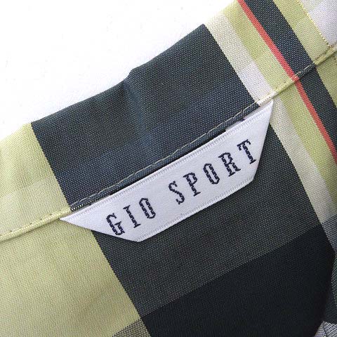 ジオスポーツ GIO SPORT ワールド 上下セットアップ チェック ラメ コットン シャツ ブラウス 刺繍 オープンカラー ノースリーブ L 40 スカート タイト フレア ミディ丈 M 38 黄 イエロー マルチカラー レディース
