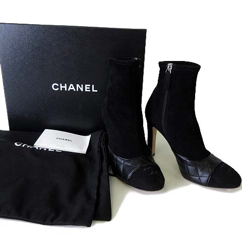 シャネル CHANEL ブーツ ショートブーツ ブーティ ハイヒール マトラッセ 本革 レザー ココマーク 刺繍 ストレッチ スエードレザー 36 C 黒 ブラック 23.0cm くつ 靴 シューズ レディース