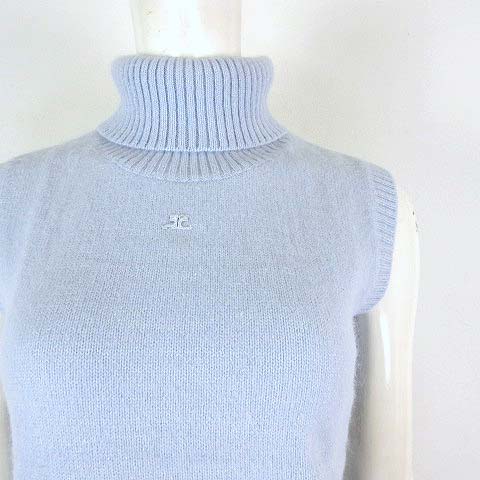 Courreges　クレージュ　ノースリーブサマーニット　タートルネック　白×青 courreges（クレージュ） 半袖ニット REEDITION SHORT SLEEVES