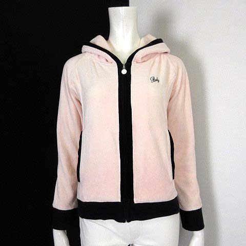 レディ Rady パーカー ベロア ジップアップ 配色 フード ロゴ 刺繍 S ベビーピンク 黒 ブラック レディース