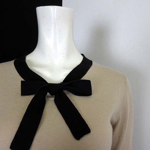 アルファキュービック ALPHA CUBIC ニット セーター リボン Vネック 配色 コットン 長袖 M ベージュ 黒 ブラック レディース