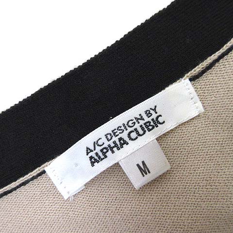 アルファキュービック ALPHA CUBIC ニット セーター リボン Vネック 配色 コットン 長袖 M ベージュ 黒 ブラック レディース