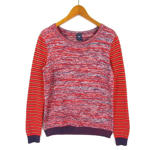 ギャップ GAP ニット セーター 総柄 マルチボーダー 切替 コットン 長袖 XS 赤 レッド マルチカラー レディース