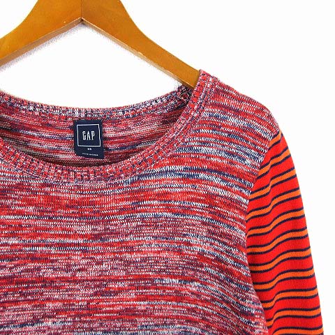 ギャップ GAP ニット セーター 総柄 マルチボーダー 切替 コットン 長袖 XS 赤 レッド マルチカラー レディース