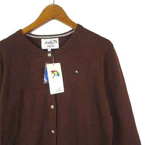 未使用品 アーノルドパーマー Arnold Palmer カーディガン ニット ロゴ 刺繍 ゴールドボタン 長袖 L 3 茶 ブラウン タグ付 美品 レディース