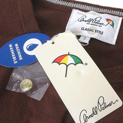 未使用品 アーノルドパーマー Arnold Palmer カーディガン ニット ロゴ 刺繍 ゴールドボタン 長袖 L 3 茶 ブラウン タグ付 美品 レディース