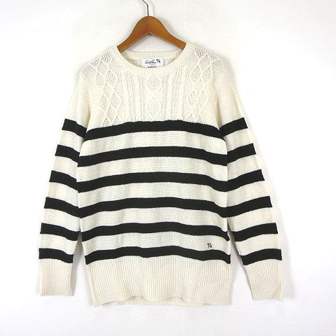 未使用品 アーノルドパーマー Arnold Palmer ニット セーター ボーダー柄 ケーブル編み ロゴ 刺繍 長袖 L 3 オフホワイト 黒 ブラック タグ付 美品 レディース