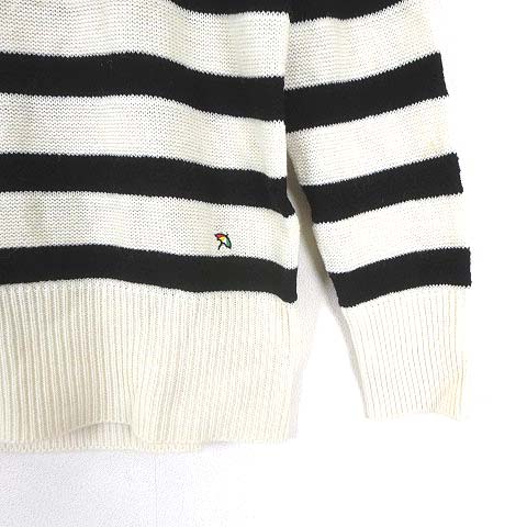 未使用品 アーノルドパーマー Arnold Palmer ニット セーター ボーダー柄 ケーブル編み ロゴ 刺繍 長袖 L 3 オフホワイト 黒 ブラック タグ付 美品 レディース