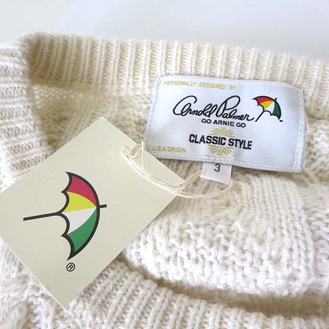 未使用品 アーノルドパーマー Arnold Palmer ニット セーター ボーダー柄 ケーブル編み ロゴ 刺繍 長袖 L 3 オフホワイト 黒 ブラック タグ付 美品 レディース
