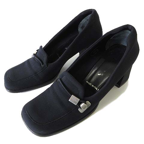 PRADA プラダ ローファー パンプス ブラック 約23.5cm レディース プラダ PRADA ローファー パンプス ナイロン ロゴ 金具 チャンキー