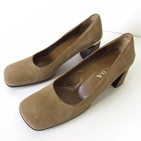 プラダ PRADA パンプス 本革 スエード レザー スクエアトゥ バックロゴ