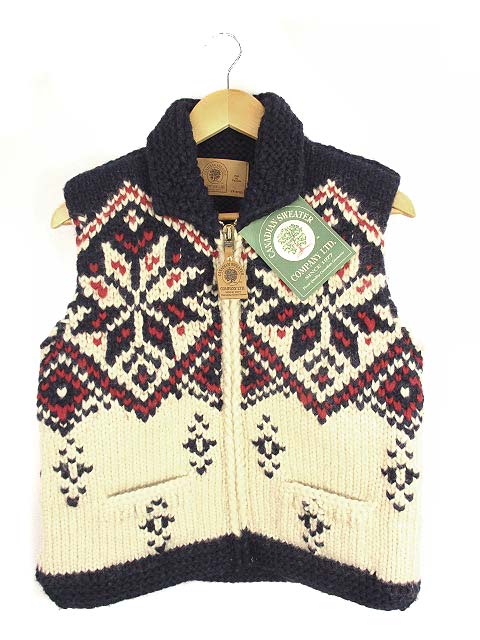 未使用品 カナディアン セーター Canadian Sweater ニット ベスト カウチン ジップアップ ウール 紺 赤 アイボリー系 34 メンズ 069 ベクトルパーク