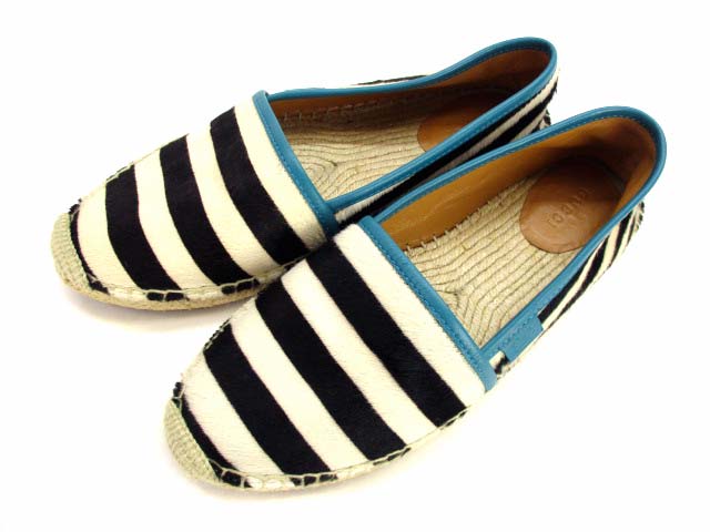 グッチ Gucci エスパドリーユ スリッポン シューズ 靴 ハラコ レザー ボーダー 3539 アイボリー系 ダークブラウン系 ブルー サイズ39 レディース 069 0701 ベクトルパーク