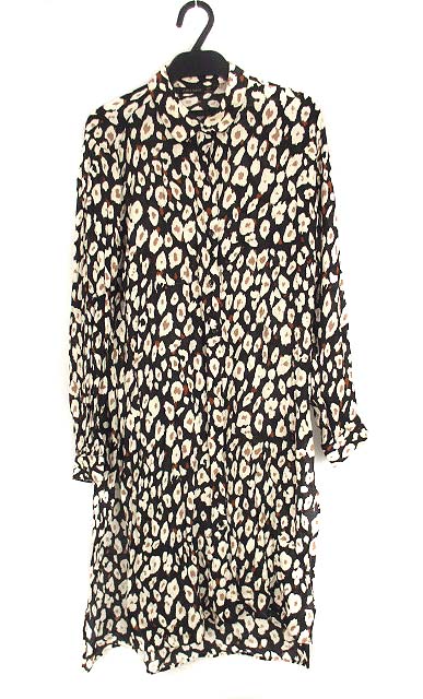 ザラ ベーシック Zara Basic ロング シャツ ブラウス チュニック 長袖 スリット レーヨン レオパード 豹柄 黒 S レディース 069 ベクトルパーク
