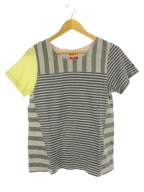 キューブシュガー Cube Sugar クレイジー マルチ ボーダー Tシャツ カットソー トップス 半袖 グレー系 イエロー ネイビー M レディース 069 ベクトルパーク