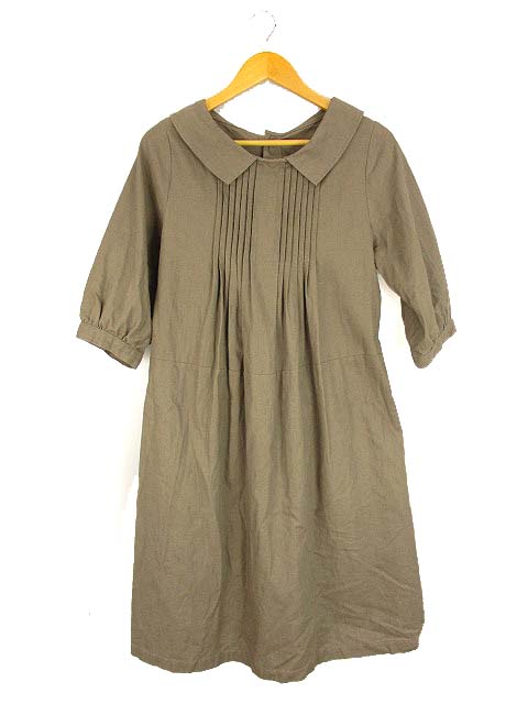 Soulberry ソウルベリー リネン コットン 麻 綿 ワンピース 七分袖 襟付き 前後2way パフ袖 タックプリーツ ブラウン 茶系 レディース 069 ベクトルパーク