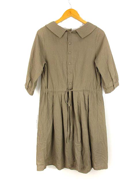 Soulberry ソウルベリー リネン コットン 麻 綿 ワンピース 七分袖 襟付き 前後2way パフ袖 タックプリーツ ブラウン 茶系 レディース 069 ベクトルパーク