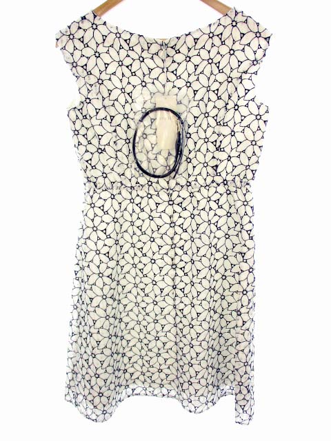 未使用品 エニィスィス エニシス Anysis ノースリーブ ワンピース 刺繍 レース 花柄 ウエストベルト バックファスナー 白 紺 ホワイト ネイビー サイズ4 レディース 069 ベクトルパーク