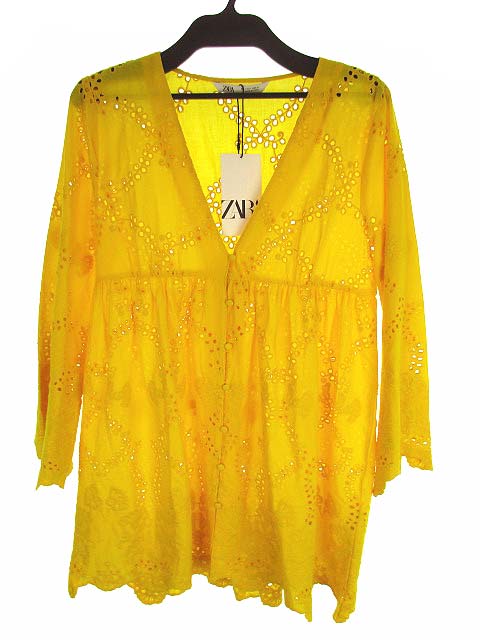 未使用品 ザラ Zara ワンピース チュニック パンチングレース 刺繍 コットン 長袖 ゴールデンイエロー 黄系 Eur S タグ付 レディース 069 ベクトルパーク