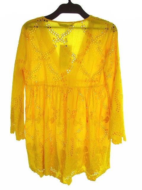 未使用品 ザラ Zara ワンピース チュニック パンチングレース 刺繍 コットン 長袖 ゴールデンイエロー 黄系 Eur S タグ付 レディース 069 ベクトルパーク