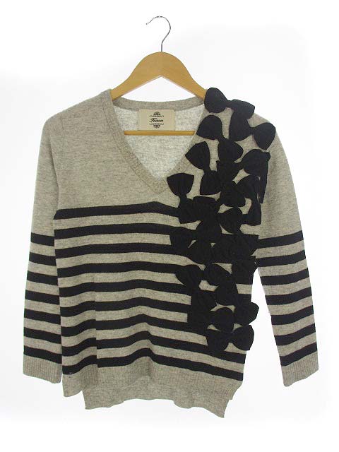 カオン Kaon リボン Vネック ニット セーター プルオーバー ボーダー ウール ナイロン 七分袖 グレー ブラック 黒 F レディース 069 ベクトルパーク