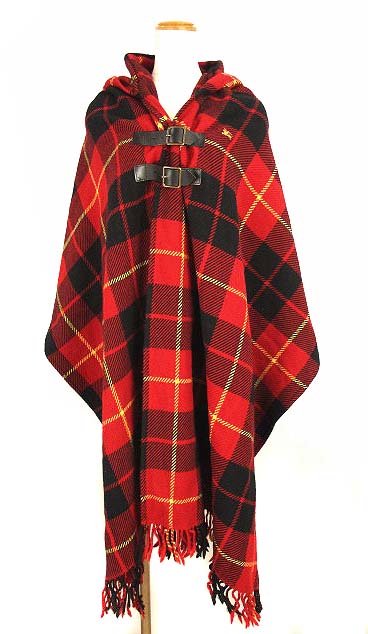 バーバリーブルーレーベル Burberry Blue Label ポンチョ ストール 大判 ショール チェック柄 フード付き ウール 革ベルト 赤 黒 黄 38 レディース 069 ベクトルパーク