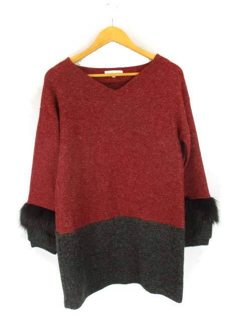 グローブ Grove フェイクファー 配色切替 バイカラー Vネック ニット ワンピース 長袖 アクリル ナイロン レッド チャコールグレー 赤 M レディース 069 ベクトルパーク