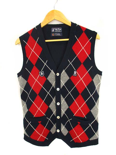 サイコバニー Psycho Bunny ダファー The Duffer ニット ベスト ウール アーガイル ワッペン ロゴ 紺 赤 グレー M メンズ 069 ベクトルパーク