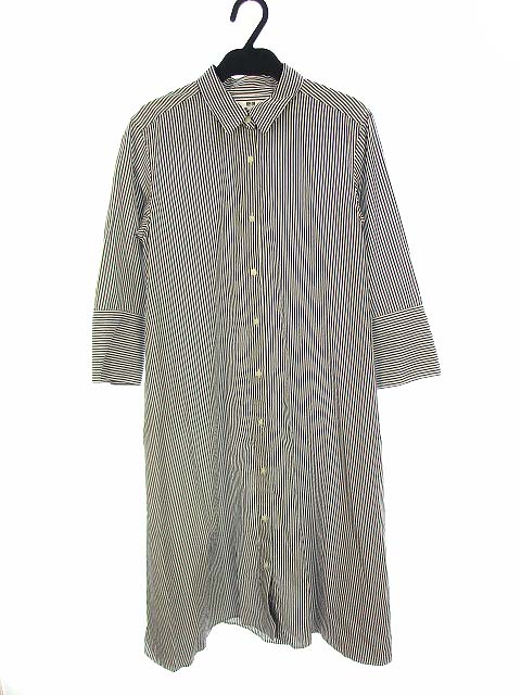 ユニクロ Uniqlo エクストラファイン コットン Aライン シャツ ワンピース 七分袖 ストライプ ロング 黒 白 S レディース 069 ベクトルパーク