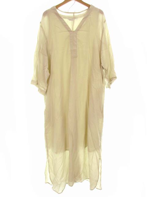 パドカレ Pas De Calais 七分袖 ロング ワンピース Vネック ストライプ 裾サイドスリット マキシ丈 ベージュ系 インナーワンピース付き サイズ36 レディース 069 ベクトルパーク