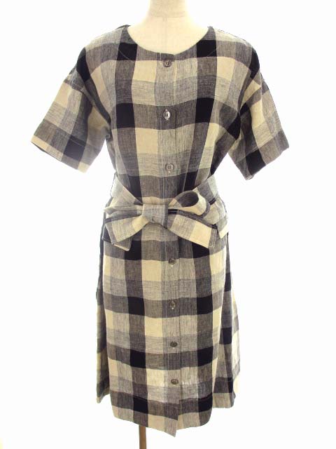 Rolca On The Notes ロルカ オン ザ ノーツ 半袖 ワンピース シャツワンピース ブラウスワンピース ノーカラー チェック ウエストリボン 麻 リネン サイズf 黒 グレー ベージュ レディース 069 ベクトルパーク