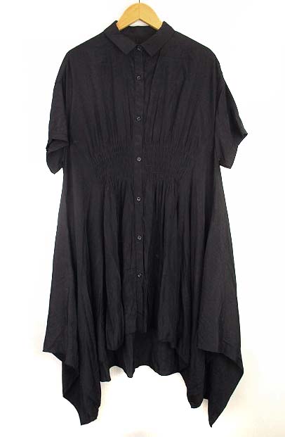 シュシュ Chouchou シャツワンピース イレギュラーヘム シャーリング ミディ丈 ミモレ丈 半袖 無地 フレア ブラック 黒 F レディース 069 ベクトルパーク