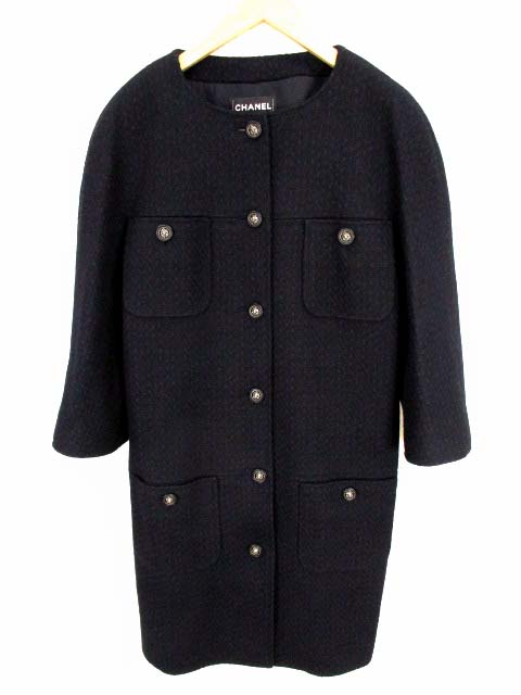 シャネル CHANEL ノーカラー コート ツイード ウール シルク アンゴラ  