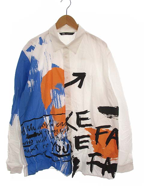 ザラ Zara トップス コントラストプリント シャツ 長袖 オーバーシャツ 白 青 黒 オレンジ Xl メンズ 069 ベクトルパーク