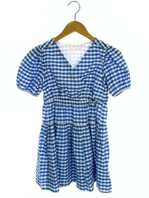 ザラ Zara ラップワンピース カシュクール ギンガムチェック フレア 半袖 ライトブルー ホワイト 水色 白 8 140 子供服 女の子 キッズ 069 ベクトルパーク