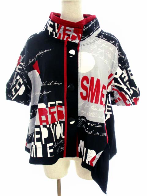 エイココンドウ Eiko Kondo エターナリーブレイズ 半袖 ジャケット フレア プリント 総柄 切替 ライトアウター 薄手 黒 白 グレー 赤 サイズ42 レディース 069 ベクトルパーク