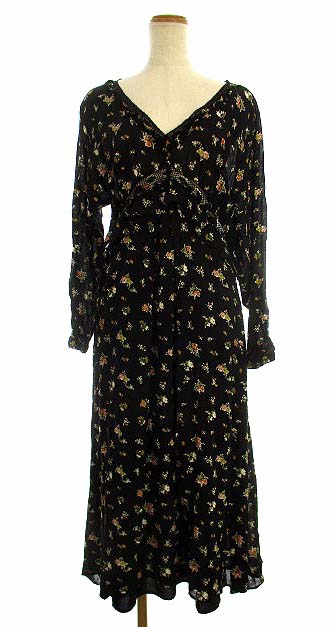 ザラ Zara ロングワンピース フラワー 花柄 レース フリル フレア ミモレ丈 長袖 ブラック系 黒 Eur M レディース 069 ベクトルパーク