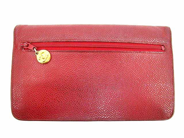シャネル CHANEL 長財布 キャビアスキン かぶせ 二つ折り レザー ウォレット ココマーク 赤 レッド S85052 レディース