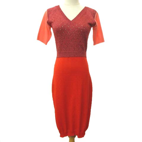 ルイヴィトン Louis Vuitton ニット ワンピース ひざ丈 ドッキング ラメ 切り替え Vネック 五分袖 Xs 赤 レッド ピンク S Ibs Fnm レディース 070 ベクトルパーク