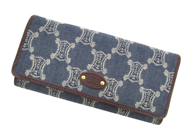 未使用品 セリーヌ CELINE かぶせ長財布 マカダム デニム レザー  