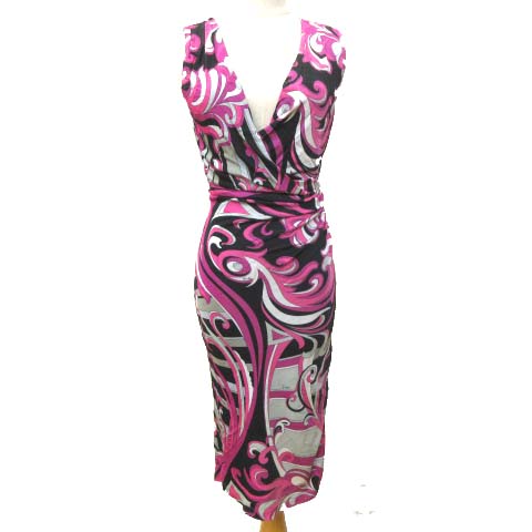 エミリオプッチ Emilio Pucci ノースリーブ ワンピース プッチ 総柄 カシュクール ストレッチ スリム ドレス イタリア製 国内正規品 38 S Mサイズ 黒 ピンク S Fnm レディース 070 ベクトルパーク
