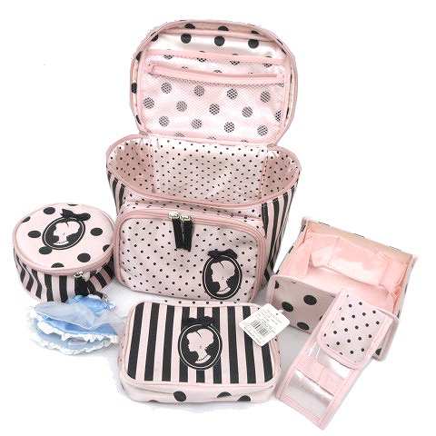 未使用品 ピーチジョン Peach John X Barbie バービー コラボ ドレスアップ バニティポーチ コスメ ポーチ セット おまけ付き ドット ストライプ柄 ピンク K1707 070 ベクトルパーク