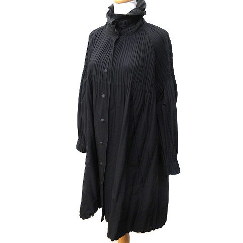 未使用品 プリーツプリーズ Pleats Please 19ss コート ワンピース ひざ丈 ハイネック プリーツ切替 スナップボタン 2 M 黒 ブラック Ibs93 K レディース 070 ベクトルパーク