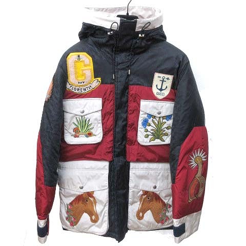 グッチ Gucci ダウンジャケット スノーボード フーデッド Gg柄 ハンド刺繍 ワッペン ラインストーン 国内正規 46 M 紺 ネイビー 赤 レッド 白 K0801 Ibo1 メンズ 070 ベクトルパーク