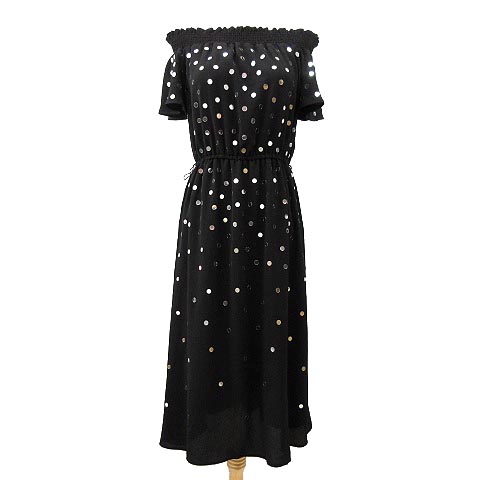 マイケルマイケルコース Michael Michael Kors ワンピース 膝丈 オフショル ミラードット ウエストゴム S 黒 ブラック R レディース 070 ベクトルパーク