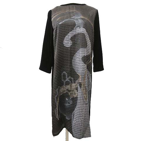 バーゲンで 11 シルク混 レーヨン 切替 ベロア イラスト 象 膝丈 七分袖 ワンピース Artisan アルチザン グレー レディース R Ibo15 ブラック 黒 Lサイズ Labelians Fr