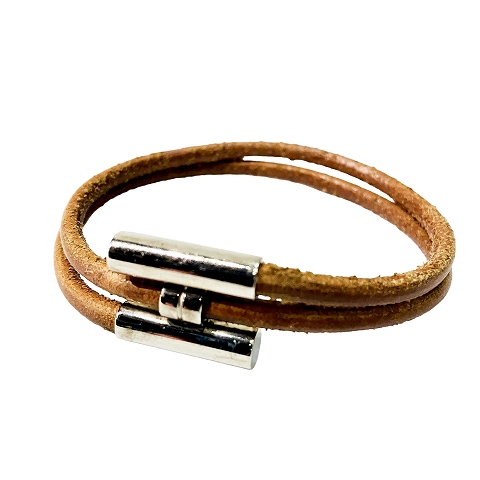 エルメス HERMES トゥルニス Hブレスレット レザー 2連 シルバーカラー 