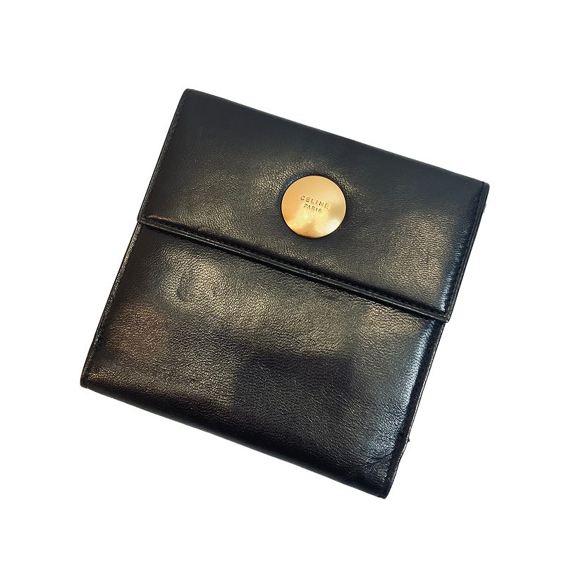美品 CELINE Wホック 折財布 レザー ブラック セリーヌ CELINE Wホック ヴィンテージ 二つ折り財布 レザー