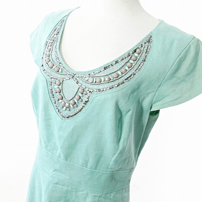 ローラアシュレイ リネン100% ビジュー 半袖ワンピース 6 ミント