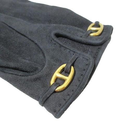 エルメス HERMES シェーヌダンクル 手袋 グローブ スエード 7 1/2 黒